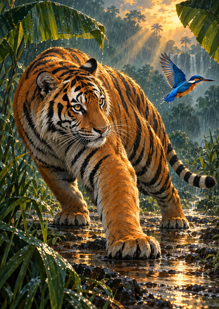 Standing tiger on a wet jungle path looking toward the viewer as a blue kingfisher-like bird flies nearby.