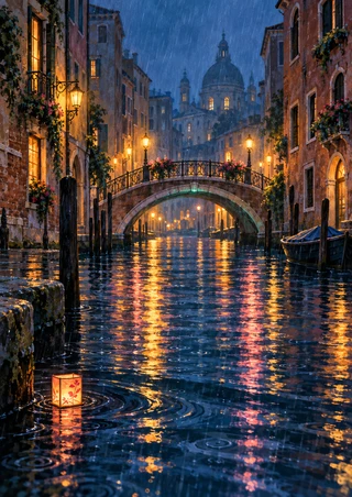 Rainy city canal at night leading to a warmly lit arched footbridge, with a floating lantern, moored boat, and amber and rose reflections.