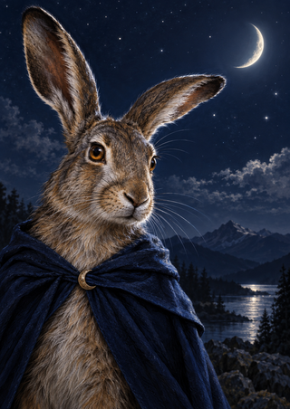Silver-brown hare wearing a dark blue cloak with a crescent clasp beneath a slender moon, with mountains and water below.