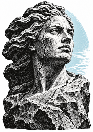 Weathered stone bust with long wavy hair and extensive fissures, looking upward against a pale blue arc.