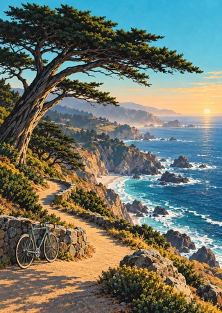 A windswept cypress arches over a cliff path and stone wall, with a bicycle in the foreground and ocean beyond.