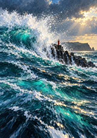 A turquoise breaker crashes against a dark rocky breakwater with a small red beacon and sunlit clouds behind it.