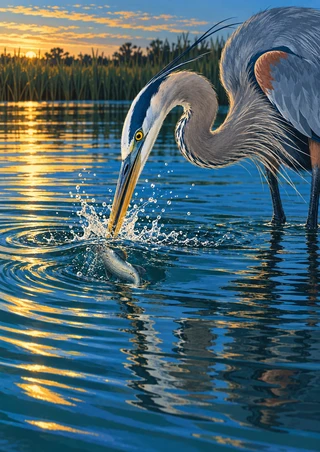 Blue-gray heron bending toward a silver fish in splashing water, with reeds and golden sunset reflections.