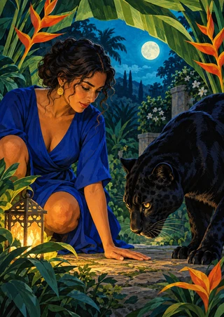 Adult woman in a cobalt wrap dress crouches beside a black panther on a stone garden path beneath a moon, with lantern and orange flowers.