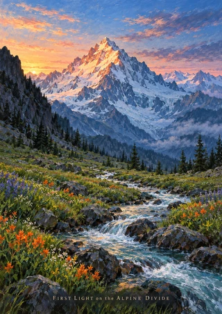 Snow-covered alpine peak glowing in dawn light above a meadow stream, wildflowers, evergreen slopes, and distant mountains.