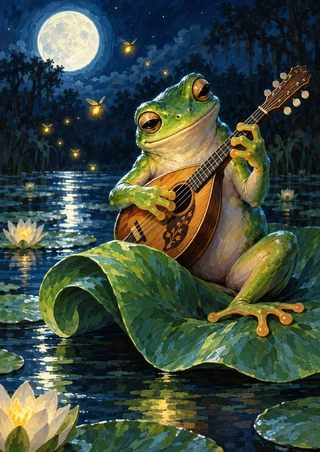 Green tree frog plays a mandolin-like instrument on a curled lily pad beneath a full moon, with fireflies over the water.