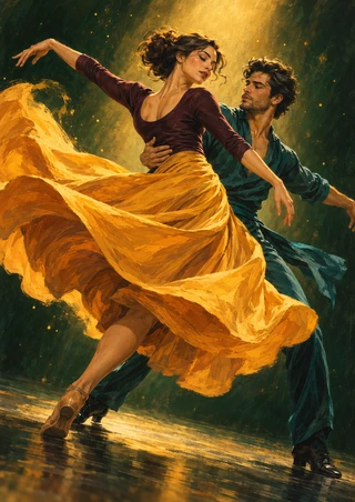 Two dancers in saffron, plum, and teal costumes perform a supported turning duet under a golden spotlight on a dark green stage.