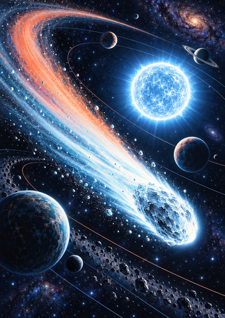 A bright comet with an orange-and-cyan tail crosses a star field near a blue-white star, planets, and curved orbit lines.