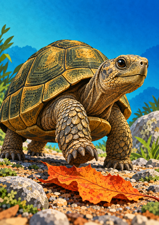 Detailed olive-and-ochre tortoise on rocky ground, with an orange fallen leaf in the foreground and blue sky behind.