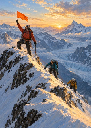 Three climbers in contrasting gear move up a snowy ridge, linked by a rope as the lead climber raises an orange flag above a glacier valley.