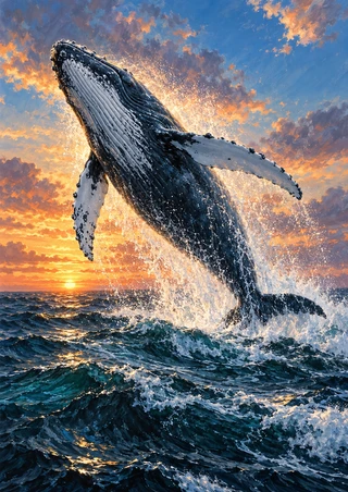 Humpback whale breaching diagonally above dark ocean waves with extended pectoral fins, spray, and a coral-gold sunset.