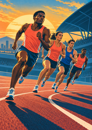 Four runners round a curved stadium track at sunrise, led by a prominent foreground runner, with lane lines, a crowd, and city skyline.