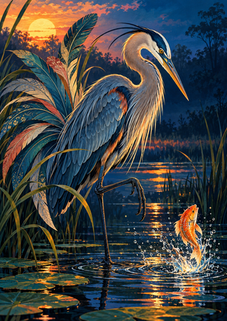 Blue-gray heron with one leg lifted watches an orange fish leap from a marsh pool, with foliage, reflective water, and sunset.