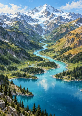 Snow-covered alpine peak above evergreen slopes, branching streams, a winding turquoise river, and a broad foreground lake.