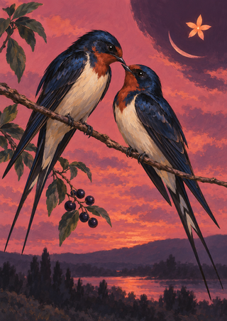 Two long-tailed, swallow-like birds perch close together on a branch against a dusty rose and plum twilight, with berries and foliage nearby.