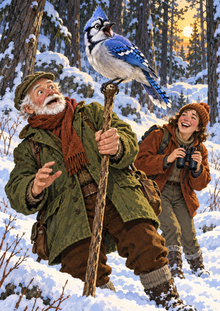 An oversized blue jay perches on an older man's walking stick while a younger woman with binoculars smiles in a snowy woodland.