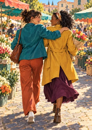 Two women walk together through a colorful flower market; one has an arm around the other's shoulders as the other carries tulips.