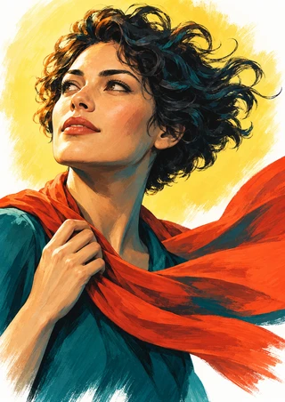 Close portrait of a woman looking upward as her dark curls blow right and she holds a red scarf against a yellow background.