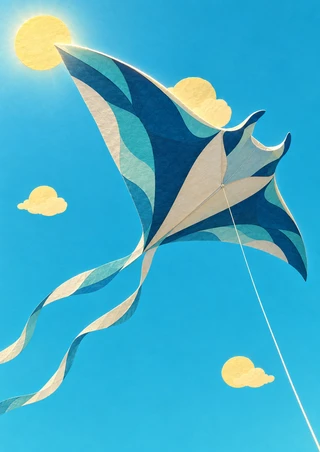 Manta-shaped kite with two patterned tails banks across a turquoise sky among three yellow cloudlike forms.