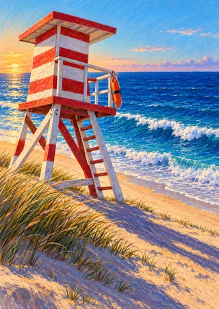 Red-and-white striped lifeguard tower with hanging orange buoy on a grassy dune above breaking waves.