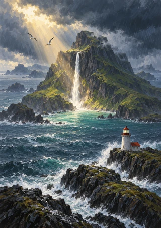 A narrow waterfall descends from a dark island peak toward a turquoise inlet, while a white lighthouse with a red roof stands above stormy surf.
