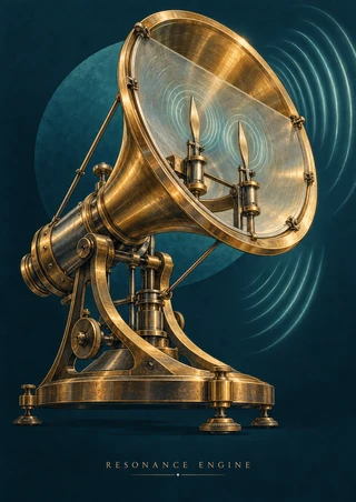 A detailed brass horn-shaped apparatus with a circular face and two upright components sits against a dark teal field with sound-wave arcs and the title “RESONANCE ENGINE.”