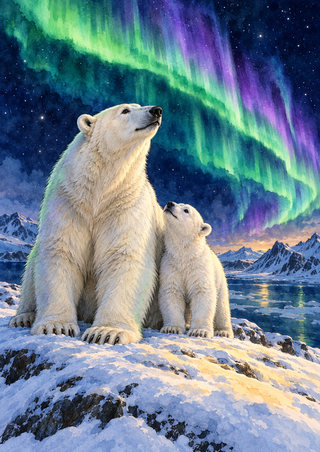 Adult polar bear and smaller cub sit together on a snowy ridge beneath green and violet aurora light, with distant mountains and water.