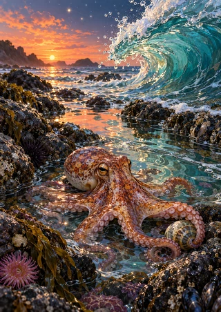 An octopus spreads its arms across a rocky tide pool beneath a curling turquoise wave, with an orange sunset and shell nearby.