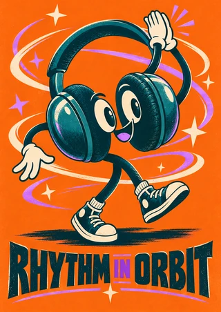 Smiling teal headphones with arms and sneakered legs dance amid colorful sound ribbons and stars above the words “RHYTHM IN ORBIT.”