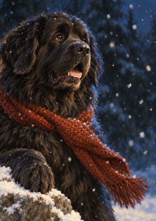 Large dark long-haired dog in a rust-red knitted scarf, gazing upward beside a snow-covered rock as snow falls.