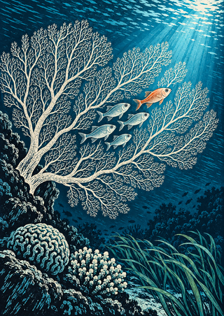 A pale branching sea fan fills a dark teal reef, with five fish, including one orange fish, swimming among its branches.