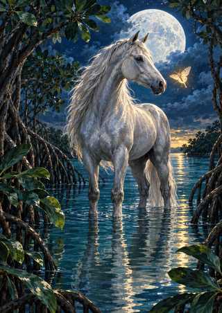 Pale silver horse faces a glowing amber moth in shallow mangrove water beneath a large moon.