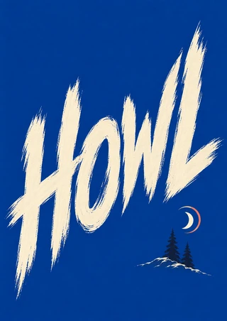 Ivory HOWL brush lettering with a coral-accented crescent moon, two pine silhouettes, and a pale ridge on a cobalt-blue background.