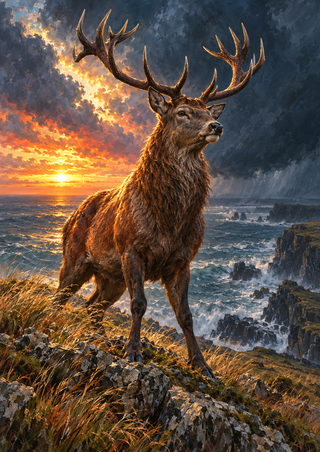Brown stag with branching antlers standing on a rocky, grassy coast beneath storm clouds and an orange sunset over the sea.