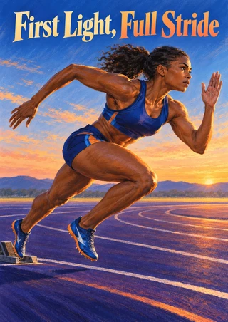Woman sprinter in a blue racing outfit airborne on a dawn track, with a starting block, curved lanes, distant hills, and title lettering.