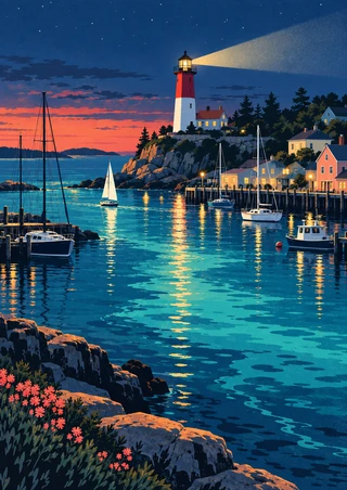 A red-and-white lighthouse shines over sailboats and a coastal harbor at dusk, with gold reflections on turquoise water.