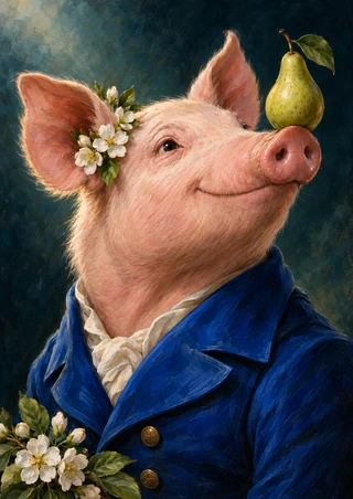 A pink pig in a cobalt-blue jacket poses with a green pear at its snout and white blossoms against dark teal.