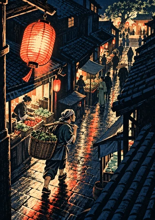 Woodcut-inspired night-market alley with a large glowing red lantern, a foreground person carrying a basket, crowded stalls and wet reflective paving.