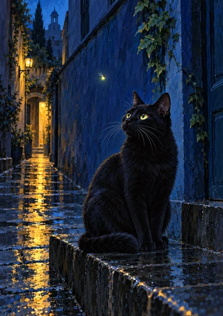 Seated black cat with bright yellow-green eyes looks upward toward a small greenish light in a wet blue alley, beside foliage and an amber-lit doorway.
