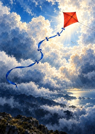 Red diamond kite with a curling cobalt tail flies through a bright opening in towering clouds above a distant coastal ridge.