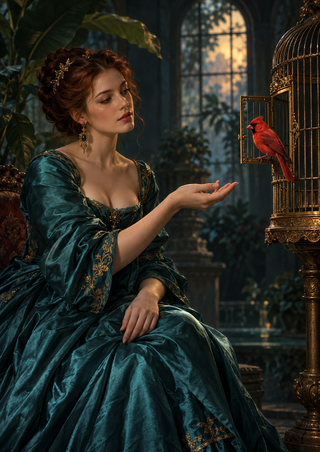 Seated woman in an embroidered teal gown reaching toward a scarlet bird perched at an open gilded cage door in a shadowed conservatory.