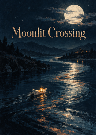Moonlit river landscape with the copper-colored title “Moonlit Crossing,” a small paper boat carrying an amber lantern and distant hills and trees.