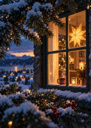 Warmly lit cottage window framed by snowy evergreen branches, with a glowing star decoration, a mug on the sill and village lights beyond.