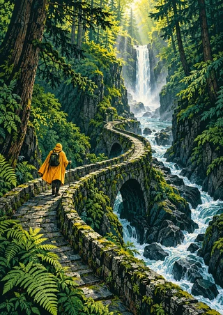 A yellow-orange-cloaked hiker stands on a curved stone bridge above a forest ravine and waterfall.
