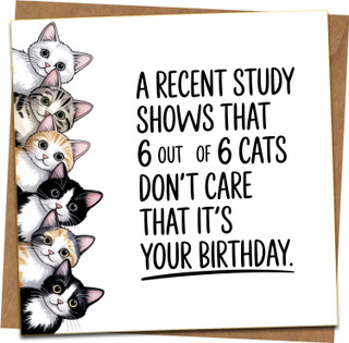 Funny Cat Birthday Card – 6 Out of 6 Cats Don’t Care – 145mm x 145mm Square Greeting Card with Kraft Envelope, Blank Inside for Him Her Friend