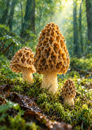 Three morel-like mushrooms with honeycomb caps grow from wet moss, with droplets and softly lit green woodland behind them.