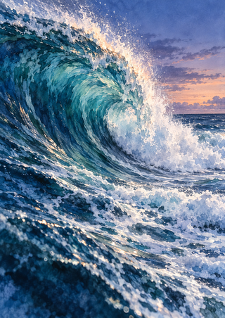 A large blue-green ocean wave curls and breaks toward the viewer, throwing white spray over foamy water beneath a distant horizon.