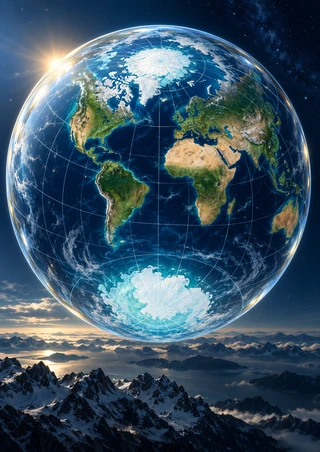 Luminous gridded Earth globe showing both polar ice caps above a mountain range and dark horizon.