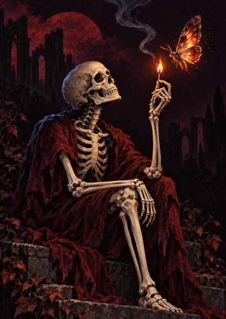 A seated skeleton in a red robe raises a lit match toward a glowing orange moth beneath curling smoke.