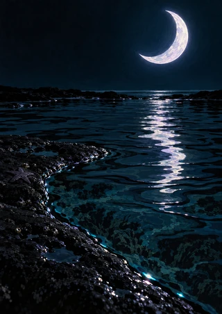 Pale crescent moon above dark coastal water, with a bright reflection stretching across ripples beside wet foreground rock.